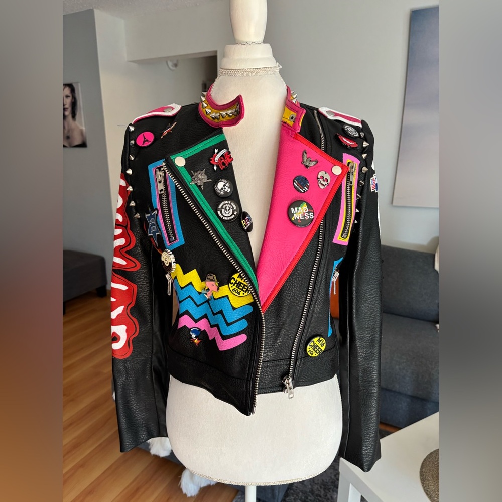 Vibrant Black Leather Jacket with Colorful Patches